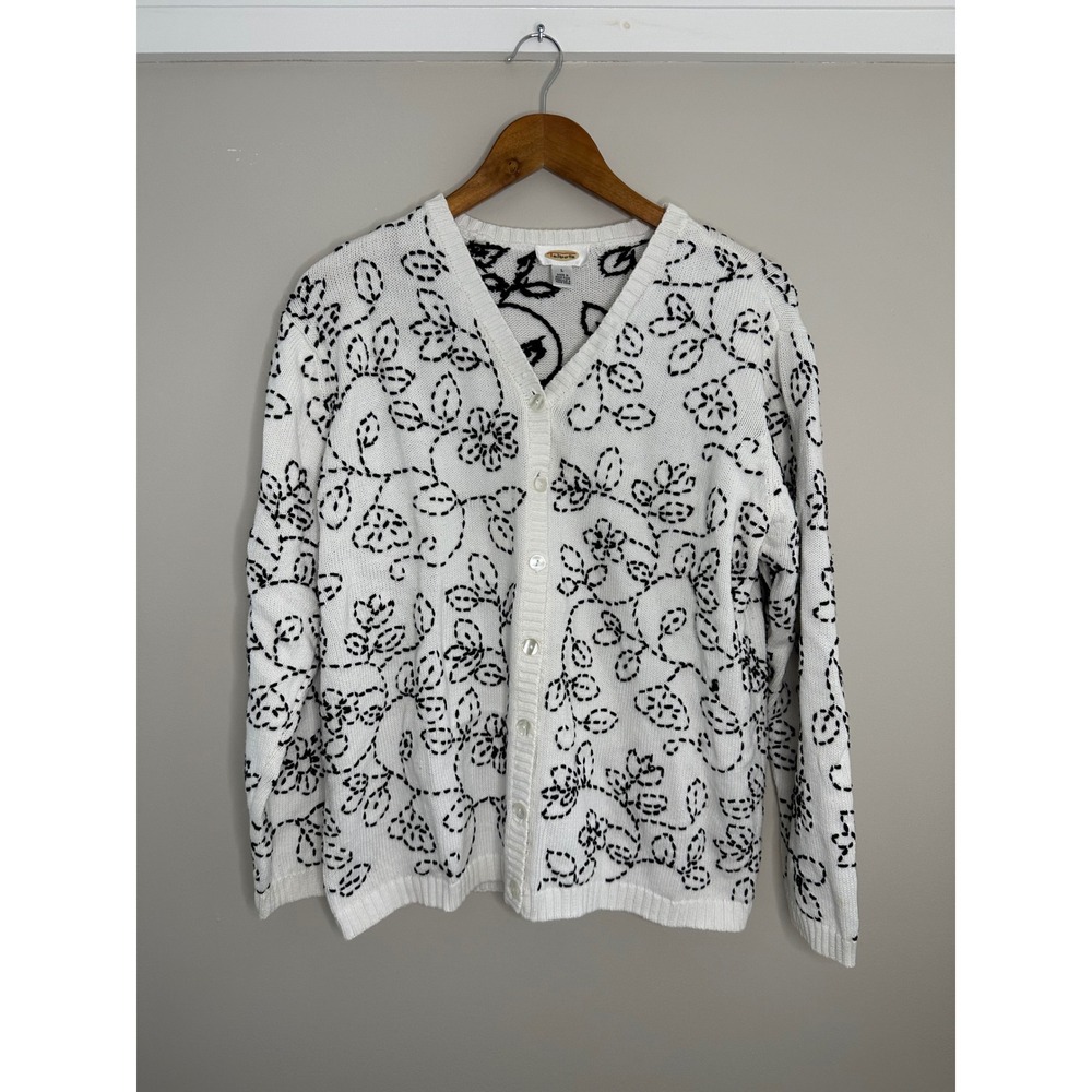 Talbots Cardigan Womens Large White Black Embroidered Floral Cotton V-Neck